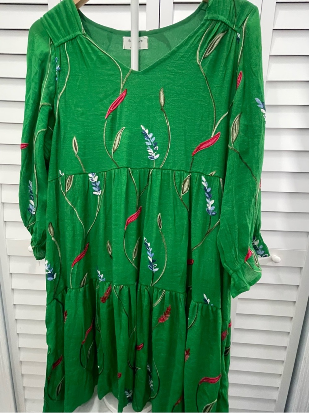 Green Floral Embroidered Tiered Dress